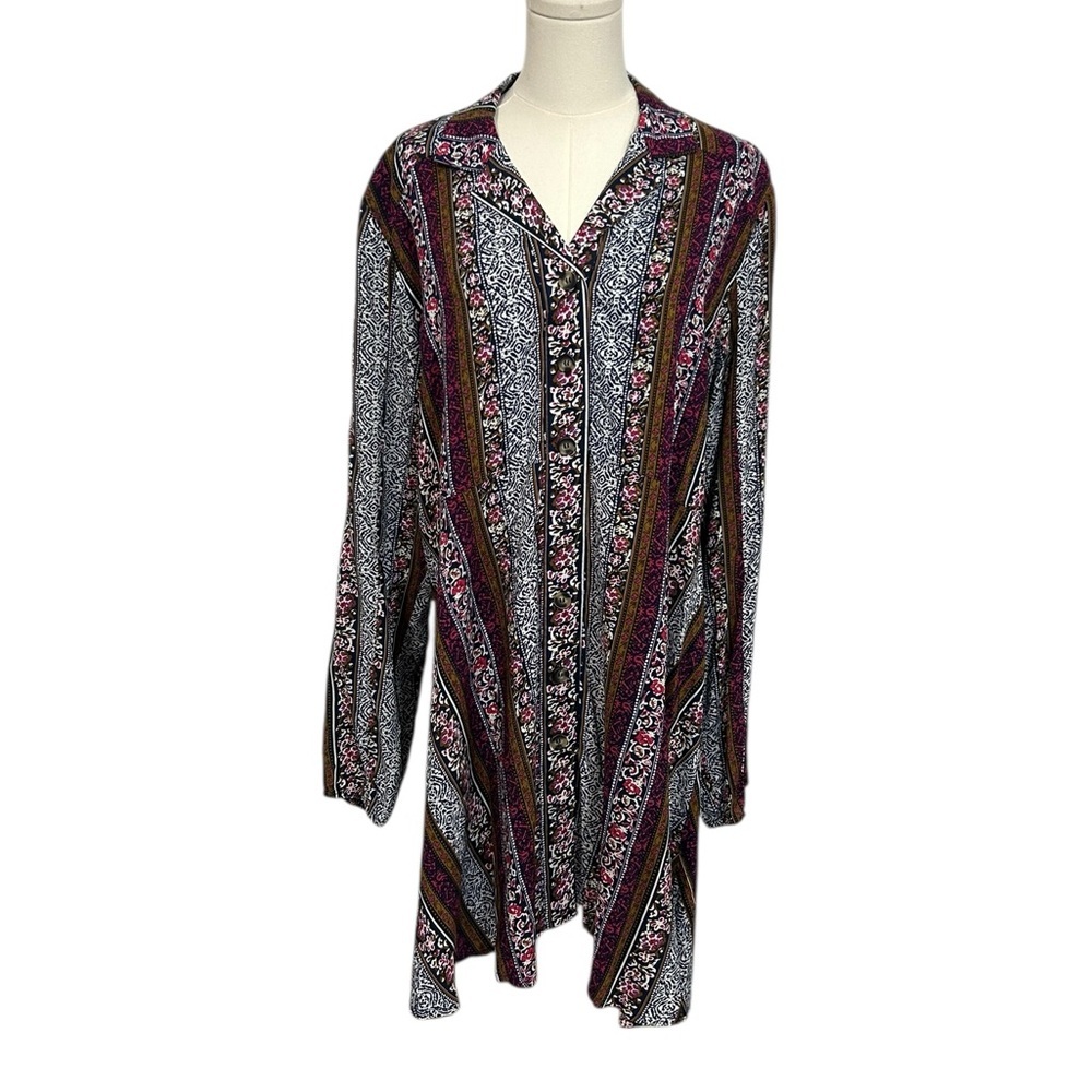 Natural Life Long Sleeve Button Up Shirt Dress Size XL Mixed Print Boho Tunic
